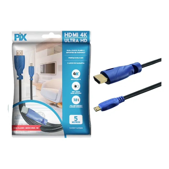 Cabo Hdmi Para Câmera Dslr Micro Hdmi X Hdmi 2.0 19p 5metros - PIX