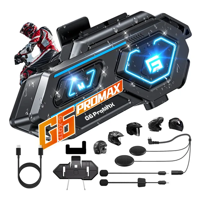 G-XQTE G6ProMax Intercomunicador Motocicleta Para 1100M Casco bluetooth interfono Impermeable ipx6 micrófono doble Lámpara LED 2500mAh Modo de chat en grupo
