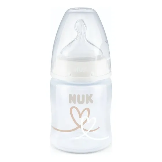 Mamadera NUKFirst Choice+ CONTROL DE TEMPERATURA de Corazón color transparente de 150mL de flujo medio