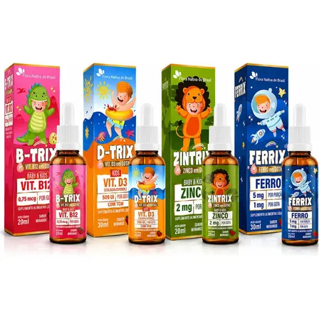 Kit Infantil D3+B12+Zinco+Ferro Flora Nativa do Brasil para Crianças sabor Morango