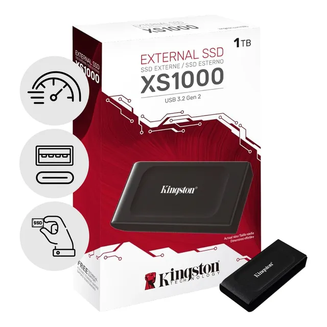 Disco Ssd Externo 1tb Sólido Kingston Xs1000 Usb C 3.2 Negro