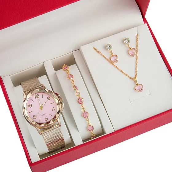 Relógio Feminino+ Kit Colar Brincos Pulseira Folheado A Ouro
