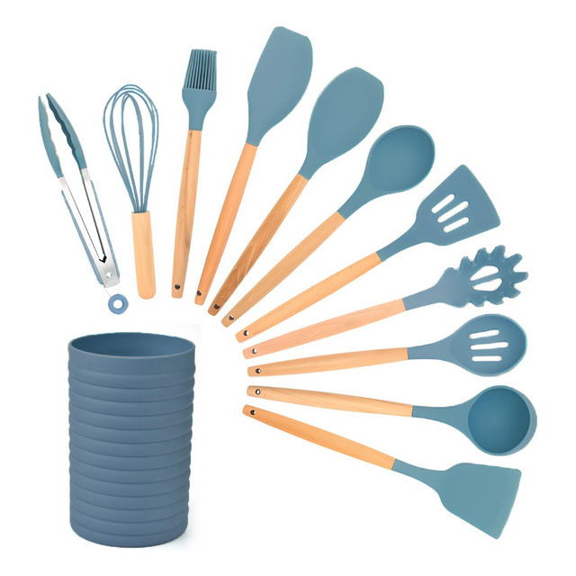 Kit Utensílios De Cozinha 12 Peças Silicone Colorido Cor Azul Kit Utensílios De Cozinha 12 Peças Silicone Colorido Cor Azul