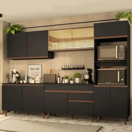 Armário De Cozinha Completa Modulada Madesa Reims Com Armário E Balcão Para Cooktop Cor Preto E Rustic Grrm310001d8 Preto/rustic