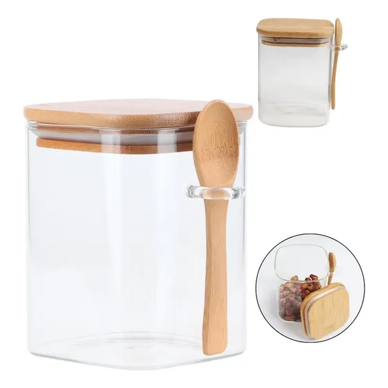 Pote Vidro Com Tampa Bambu E Colher Hermético 500ml Temperos