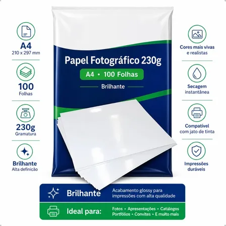 Papel Foto A4 230g Brilhante 100 Folhas Glossy Alta Resolução Resistente Água Fotos Convites Artesanato