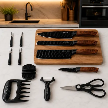 Kit Completo Facas London Wood Faqueiro 12 Pçs Cabo Madeira Preto