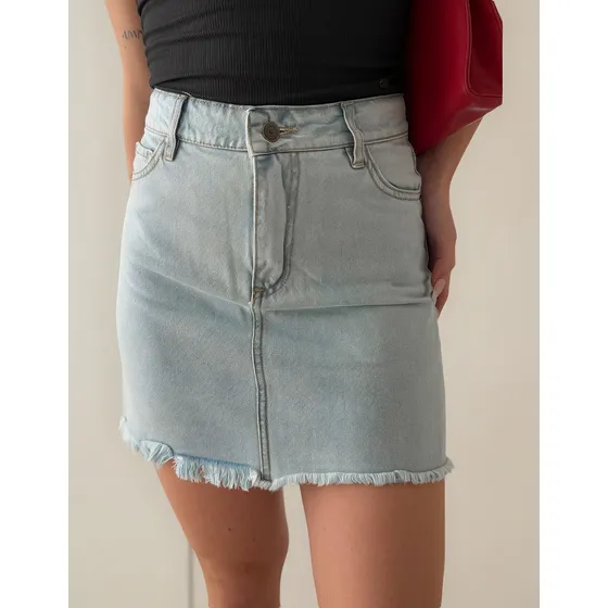 Mini Jeans Celeste Tiro Alto Sin Ruedo Mujer Rigida Denim