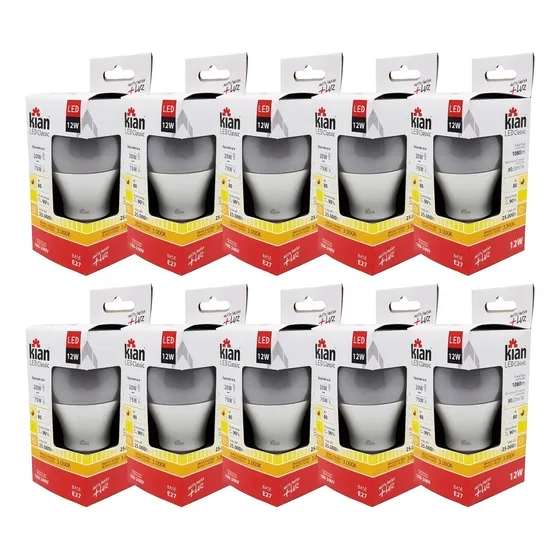 Kit Jogo 10 Lâmpada Bulbo Led 12w 3000k Amarela E27 127/220V
