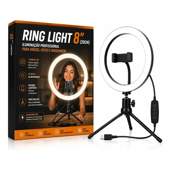 Iluminador Led 20cm Suporte Usb Luz Celular Foto Filmagens Cor da estrutura Preto Cor da luz Branco-