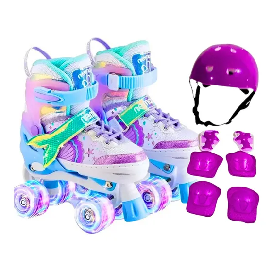 Patins 4 Rodas Led Ajustável Roxo + Kit Proteção Completo