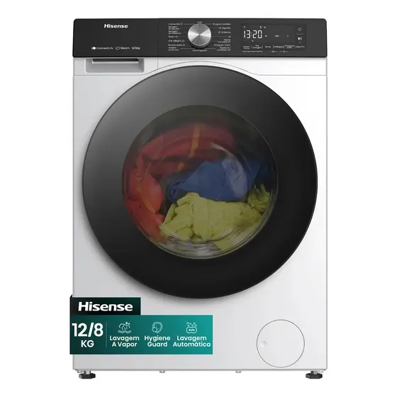 Lava e Seca Hisense 3S com Motor Inverter, Conexão Wi-Fi e Função Steam 12/8kg Branca 127V WD3S1243BW