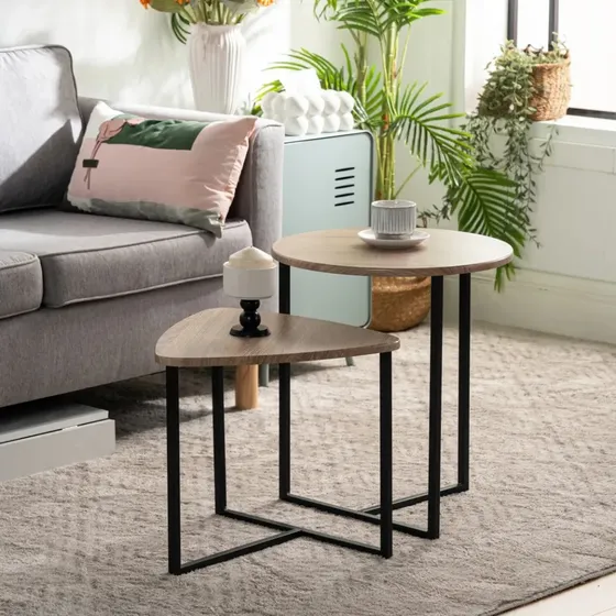 Mesas Ratonas Set X2 Jazak / Mesitas De Apoyo Auxiliar Arrime / 2 Niveles / Ideal Living Comedor Sala / Diseño Moderno Y Elegante / Fácil De Armar / Redonda Y Triangular / Estilo Minimalista