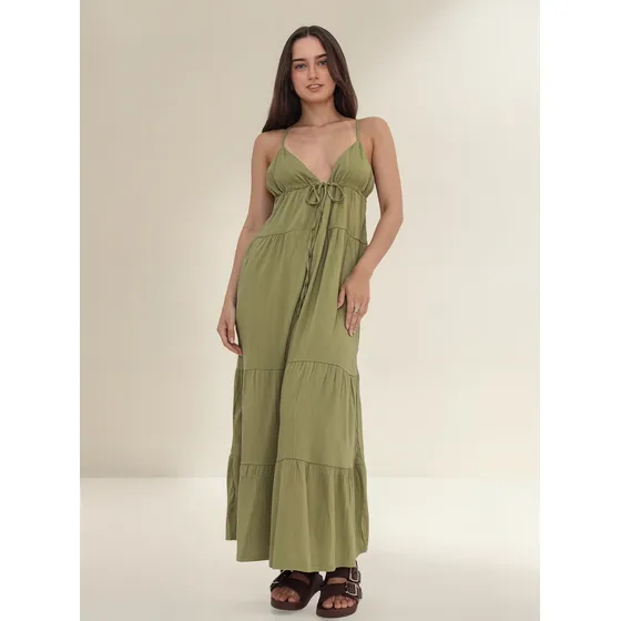 Vestido Largo Fruncido Con Recortes Isla Nano
