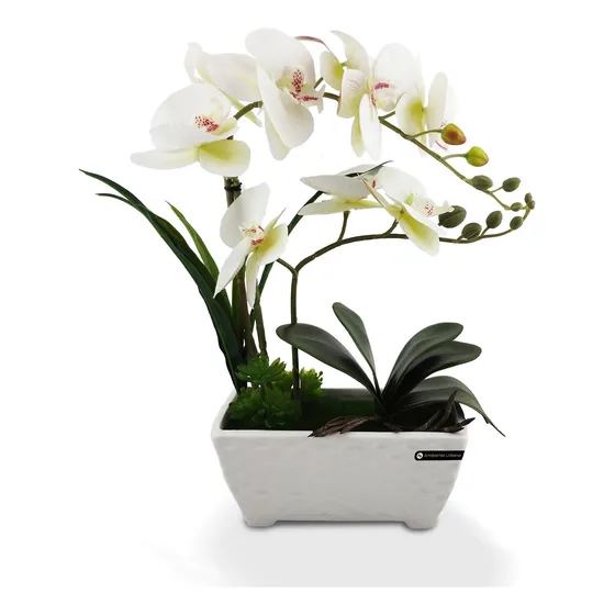Orquidea Planta Artificial Maceta Pocelana 44cm Blanca Color Blanco