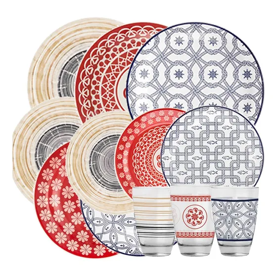 Juego De Vajilla Platos Vasos Decorados Oxford 16 Piezas