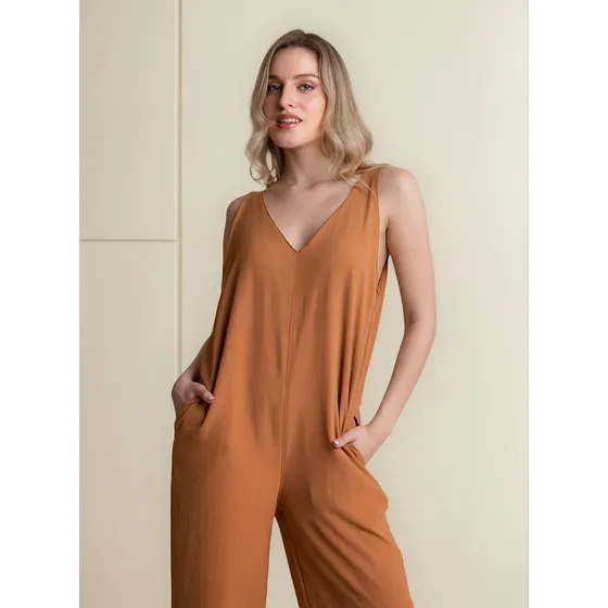 Mono Mujer Entero Largo Crep Arrugado Con Bolsillos Felizfem