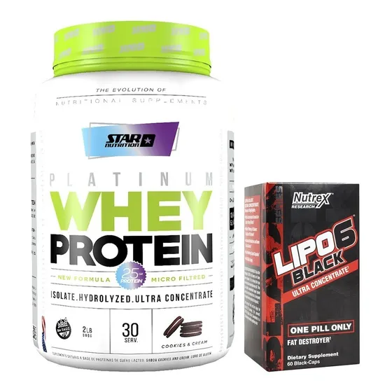 Proteina Whey Star Nutrition 2 Lb + Lipo Black Uc X 60 Caps Sabor Cookies-and-cream