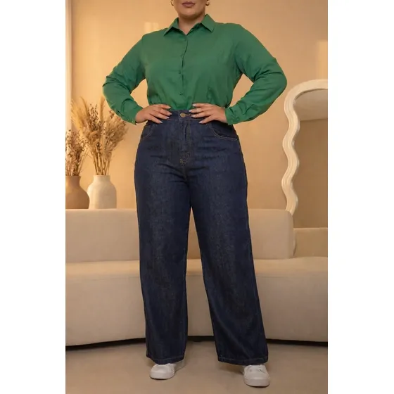 Calça Plus Size Jeans Feminina Wide Leg Levanta Bumbum