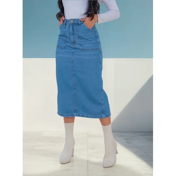 Saia Jeansfeminina Midi Com Fenda Atrás Evangélica Blogueira