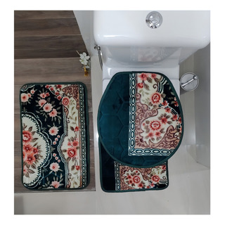 Tapete De Banheiro Estampado, De Veludo Kit Com 3 Peças Cor Verde Estampado Tapete De Banheiro Estampado, De Veludo Kit Com 3 Peças Cor Verde Estampado
