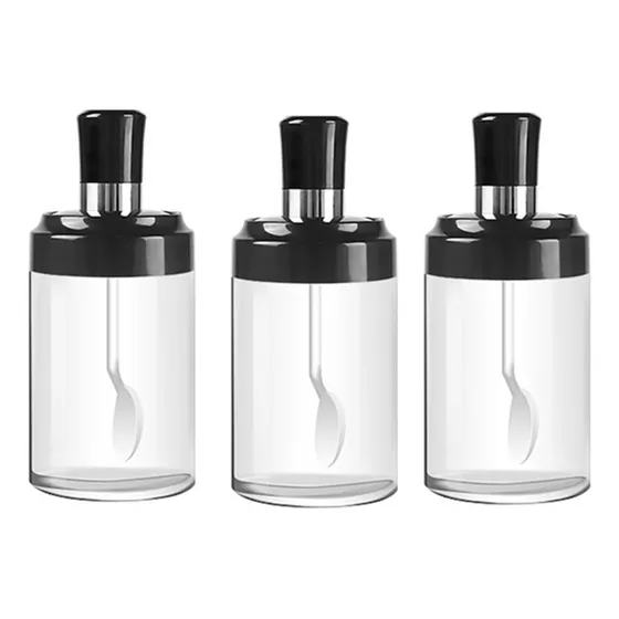 Kit 3 Pote Vidro Com Colher Tempero Condimento Sal Açucar