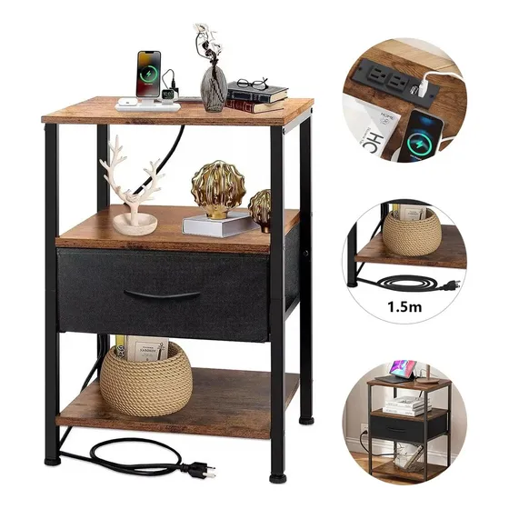 Buró Mesita de Noche Furrific Ht476 42 32 9cm Mdf Multifuncional Estante de Almacenamiento de Estilo Moderno Simple Con 2 Puertos Usb y 2 Salidas de Ca 1 Cajón Adecuado Para Sala de Estar Dormitorio