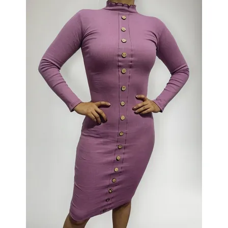 Vestido Acanalado Con Boton, Cuello Alto.