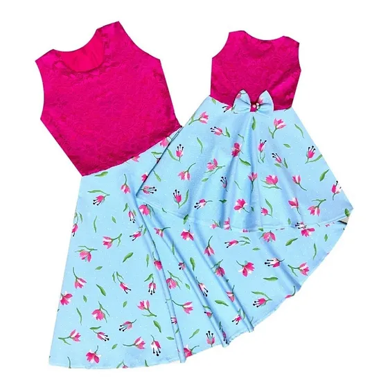 Vestido Tal Mãe Tal Filha Rodado Rosa Rendado No Peito
