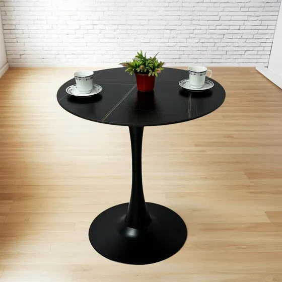 Mesa Redonda Moderna 70cm Diámetro Simil Mármol Estilo Bar