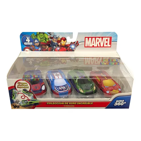 4 Autos De Juguete Marvel 8cm Gira Al Chocar Pull Back Nene