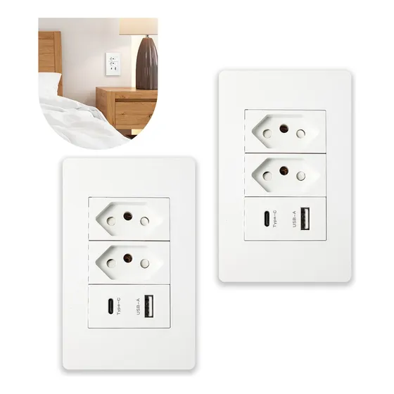 Kit 2 Tomada Dupla Parede Entrada Usb E Tipo C Branco Tm05