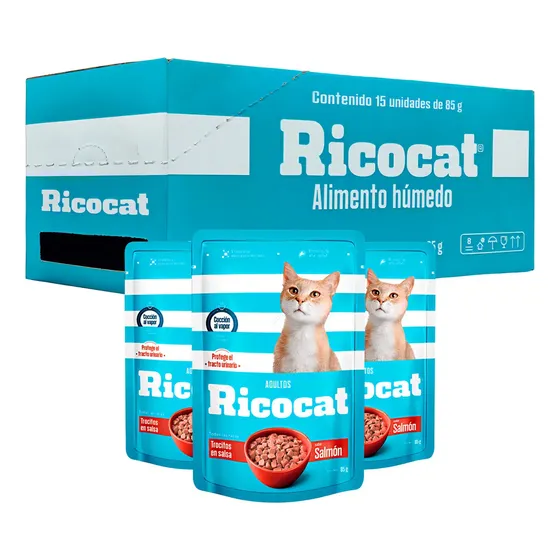Pack Caja X15 Comida Húmeda Para Gato Ricocat Salmón 85gr | Cuotas sin interés