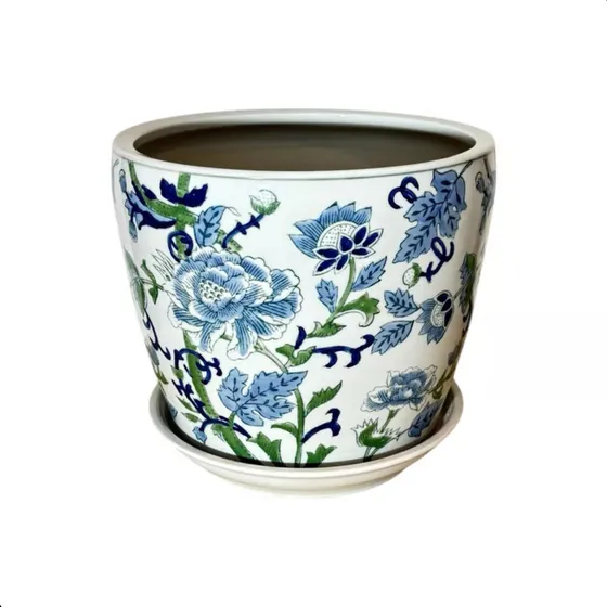 Cachepot Vaso Porcelana Azul Branca E Verde Wild Botanic D25