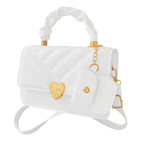 Bolso Bandolero Pequeño Corazón Con Monedero Elegante Acabado De Los Herrajes Dorado Color Blanco Correa De Hombro Blanco Diseño De La Tela Rayas