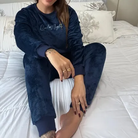 Conjunto Pijama Feminino Fleece Bordado Confortável C/ Punho Azul-marinho Good Night G