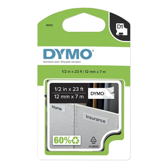 Label Dymo Authentic D1 12mm X 7m Black Print On White Tape
