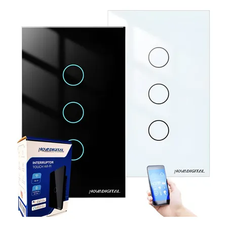 Interruptor Inteligente Novadigital Wifi 3 Tecla Touch Tuya Preto
