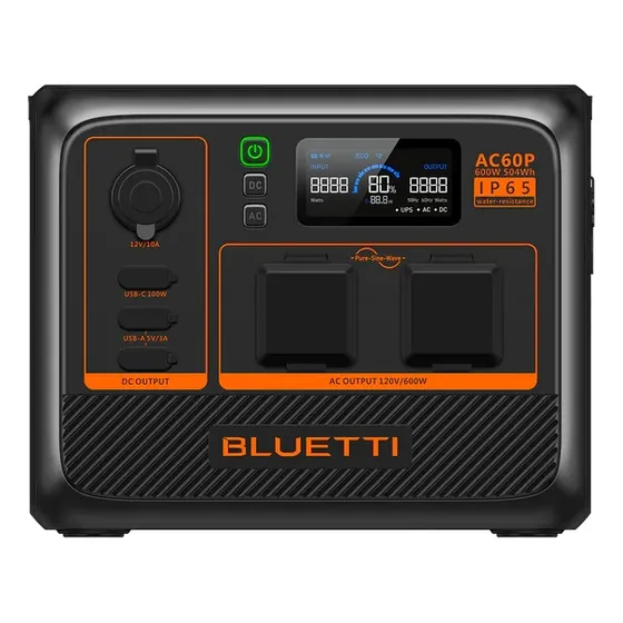 Bluetti Ac60p Estação De Energia Portátil Gerador Solar 600w 1200w Pico 504wh Voltagem 120v Proteção Ip65 à Prova De Poeira E Resistente À Água