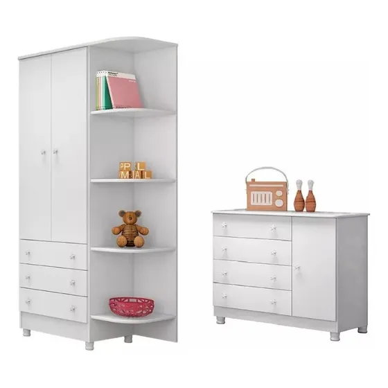Jogo Com Guarda Roupa Com Prateleiras E Cômoda 1 Porta Cor Branco