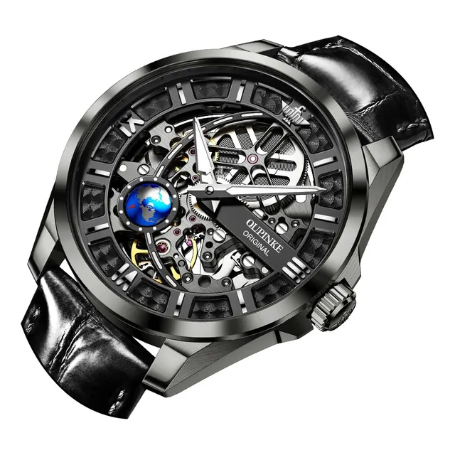Oupinke Hombres Reloj Mecánico Cuero Esqueleto N4b7i