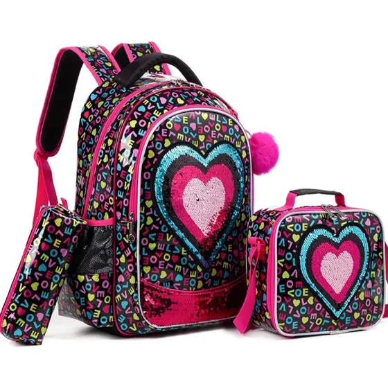Bolso Escolar Estampado En Corazones Set De 3 Piezas