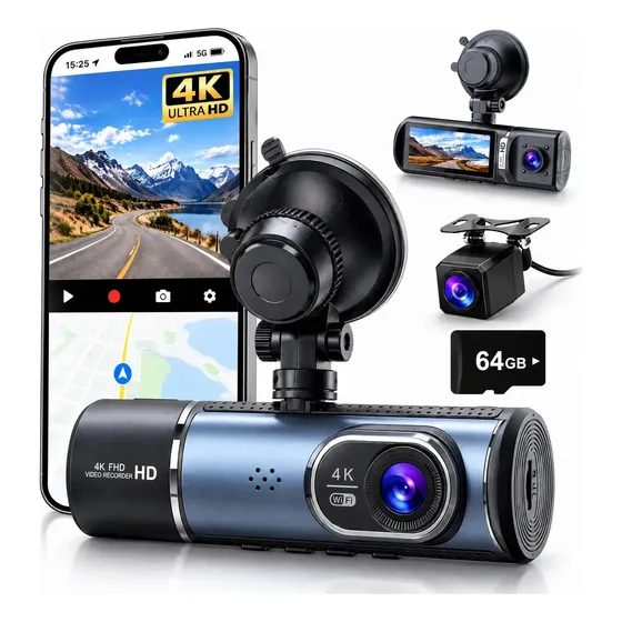 Câmera Veicular Automotiva 3 Canais [4k+1080p+1080p] Com SD 64GB Wifi E Dvr Camera Para Carro Dash C