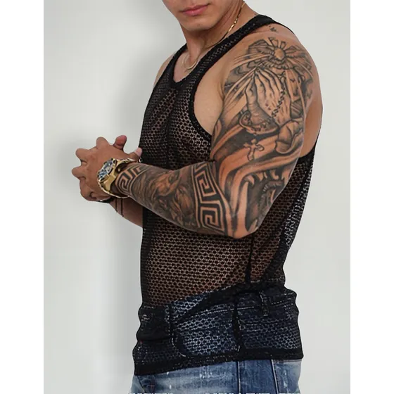Camiseta Básica Sin Mangas En Malla Decorada Para Hombre 