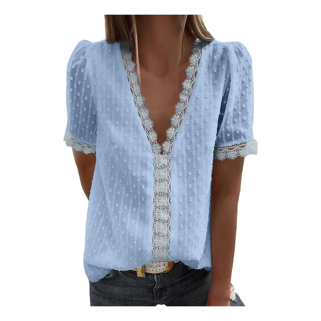 Camiseta Manga Cuello V Para Mujer 2023 Encaje Verano Casual
