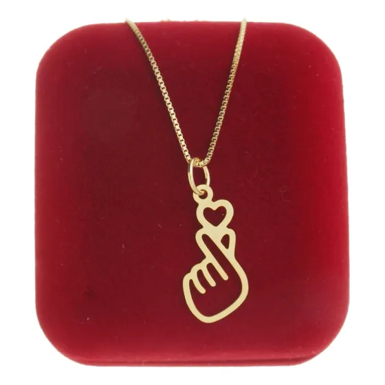 Colar Feminino Coreano Saranghae Pingente Coração Ouro 18k