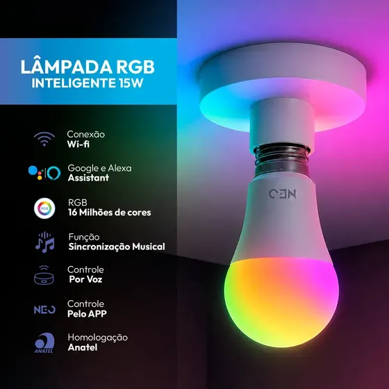 Lampada Led Pera Smart Inteligente Wi Fi 15w RGB Colorido E27 Ip20 Branco Cod: 290048238 Avant Neo