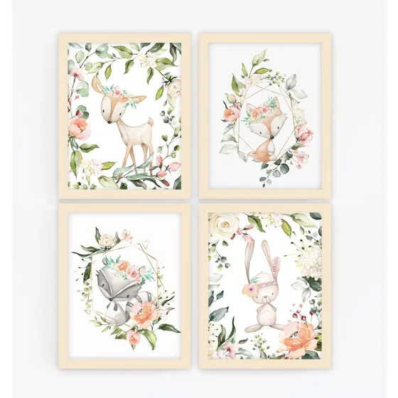 Set X4 Cuadros  23x33 Completos Animalitos Bosque Boho Chic