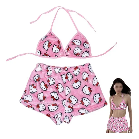 Pijamas De Dama Short Y Crop Top Brassier De Hello Kitty