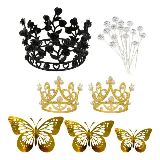 77pz Diamantes Boda Ramo Decoración Con Corona Y 3d Mariposa Dorado